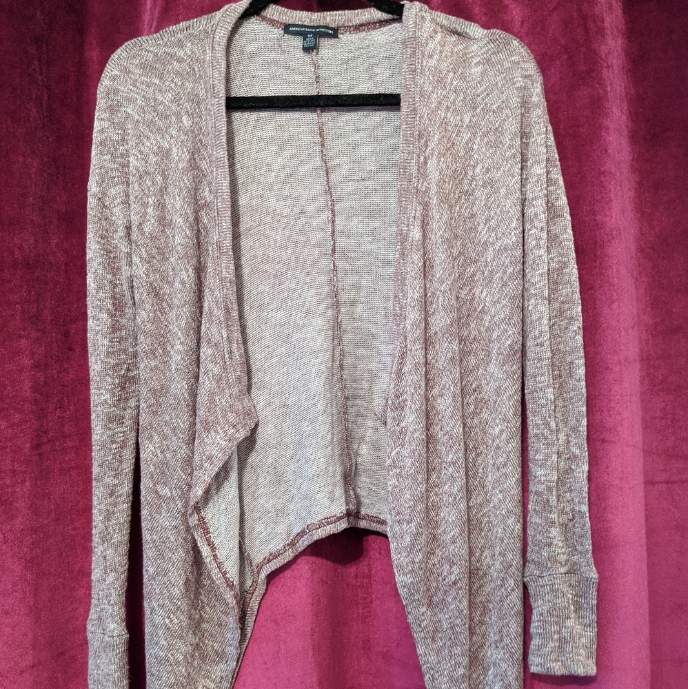 American Eagle Marled Heather Burgundy And White Open Cardigan